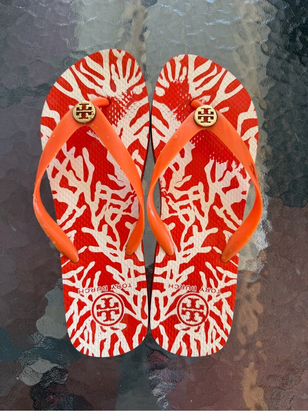 Tory Burch Orange Coral-Print Logo Flip Flops